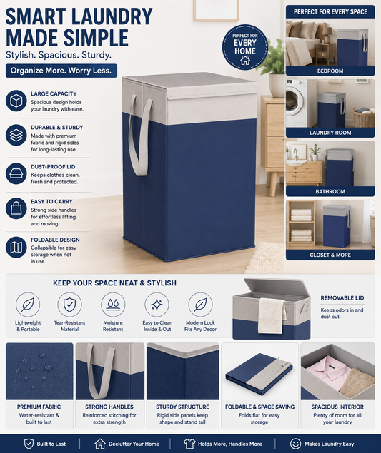 Big Size Foldable Laundry Basket with Lid – Clothes Storage & Organizer (30L)
