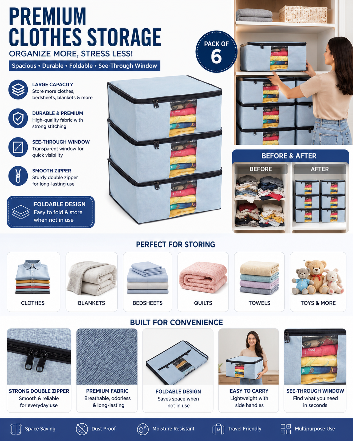 Cloth Storage Bags & Wardrobe Organizer with Zip