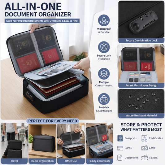 Waterproof Portable Document Storage Bag – Travel File Organizer with Password Lock